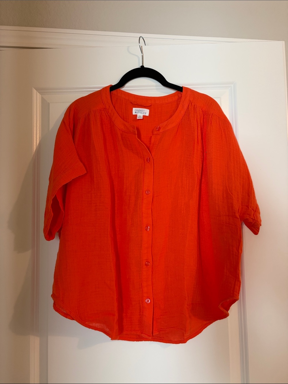 Market & Spruce Vibrant Orange Button-Front Gauze Blouse